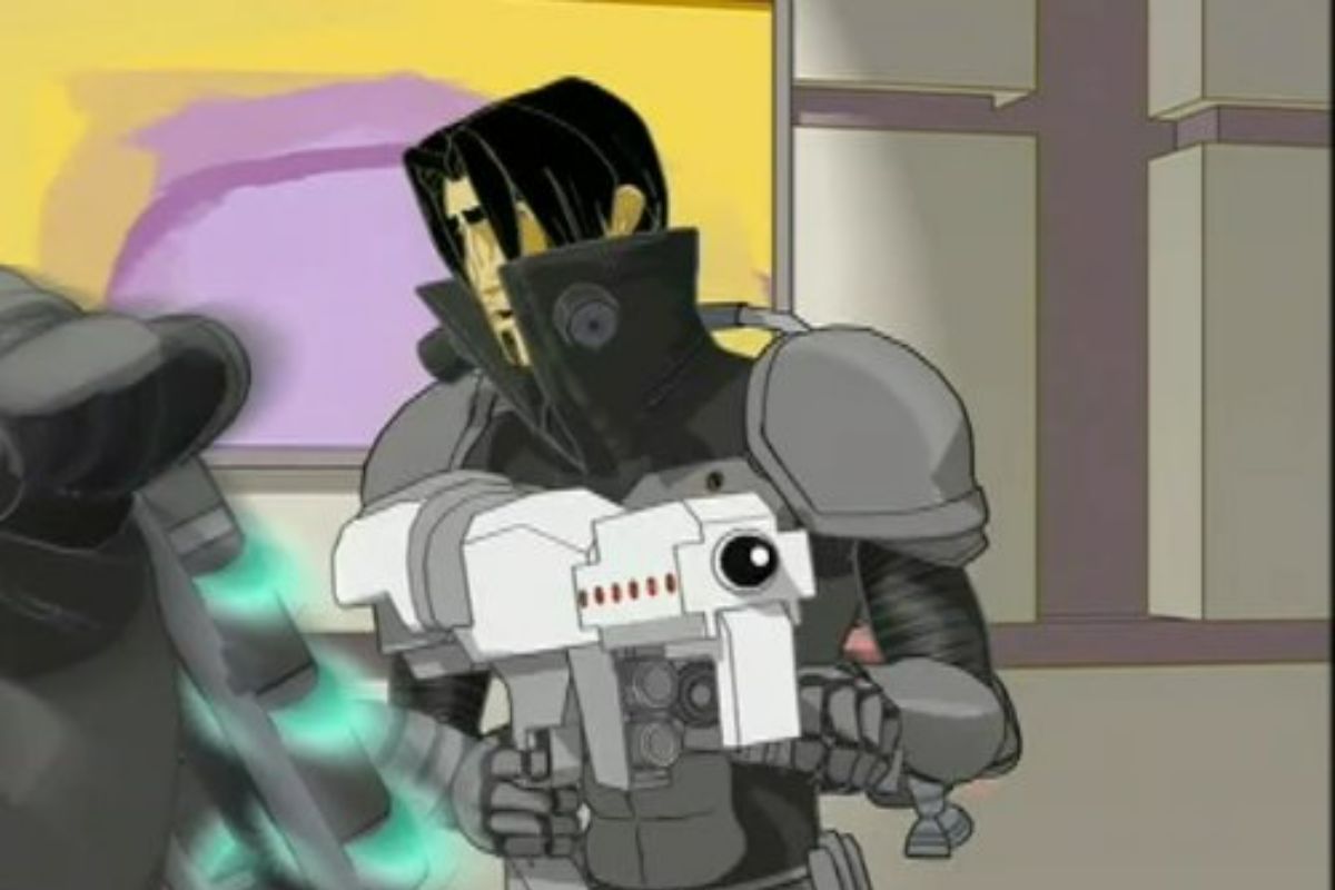 Animated Sergei in a metal suit hold a futuristic blaster and it looks like he shot a robot that is falling over