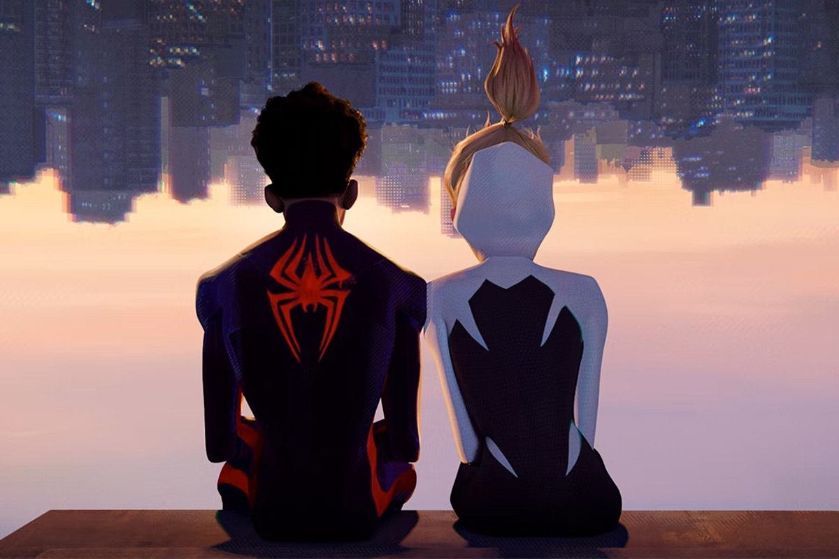 Miles & Gwen sit upside down looking at the skyline in their Spider suits