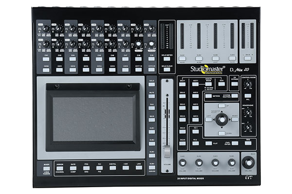 Studiomaster Professional D.Mix 20 digital mixer with touchscreen interface, multiple input channels, motorised fader, and DSP processing tools.