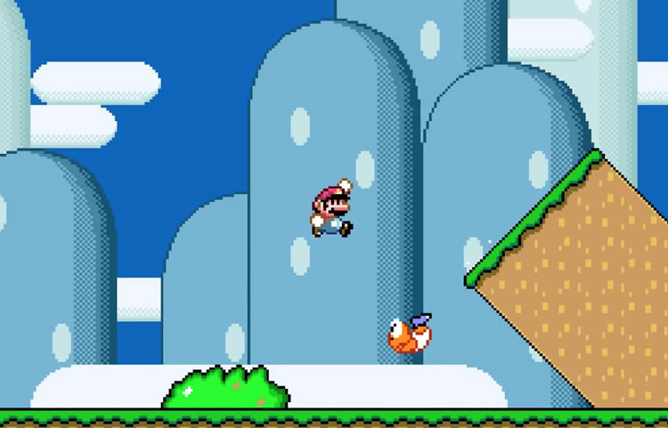 Super Mario is jumping mid-air over a flying Koopa towards a slanted column extending outward from the ground