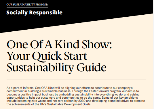 Exhibitor Guide to Sustainability Page with categories, actions, and resources listed and linked