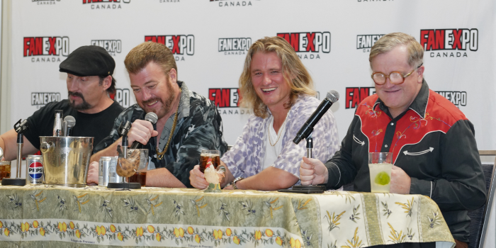 Letterkenny's Dylan Playfair (Reilly) joins the Trailer Park Boys on stage during their live taping of Park After Dark. From left to right; Julian, Ricky, Dylan, Bubbles.
