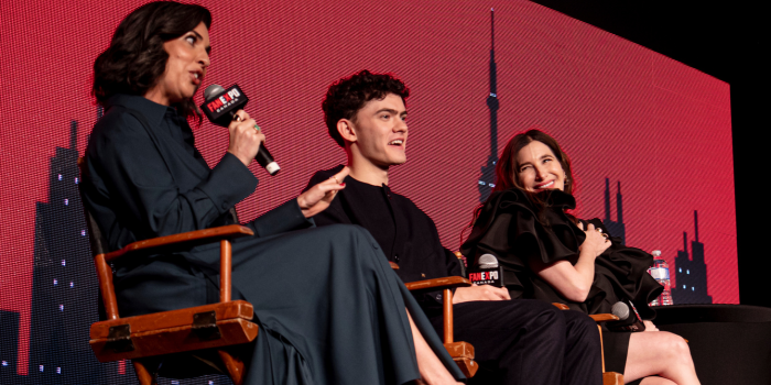 Left to right: Jack Schaeffer, Joe Locke, Kathryn Hahn. All parties smile as Jac tells the audience what to expect when Disney+ and Marvel Studios' "Agatha All Along" hits the streaming platform on September 18.