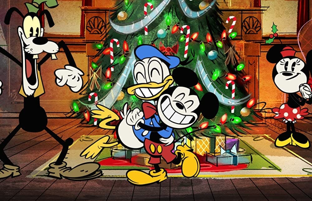 Still from the Mickey Mouse Christmas special featuring Mickey, Donald, Minnie and Goofy
