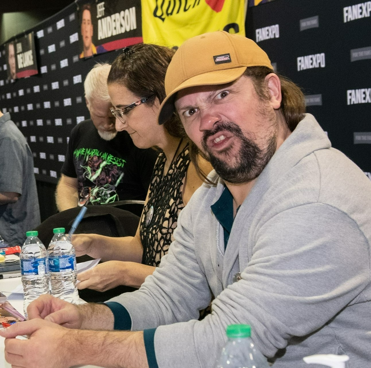 Trevor Fehrman making a funny face at the camera at the guest signing area.
