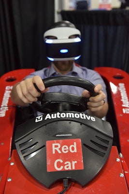 Future tech car with virtual reality headset on display in the expo