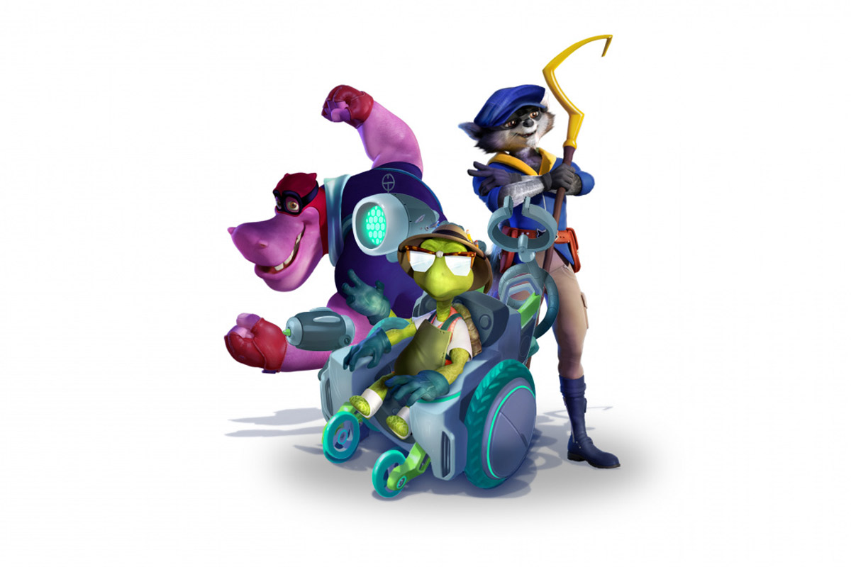 The Cooper gang, in CGI animation, pose together on a pure white background