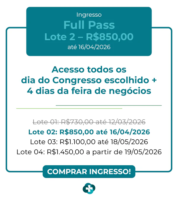 Card de ingresso 'Full Pass' para a Hospitalar 2026. Oferece acesso a todos os dias do congresso escolhido mais 4 dias de feira de negócios. Lote 1 por R$ 730,00 até 12/03/2026, com lotes subsequentes até R$ 1.450,00. Botão: Comprar Ingresso.