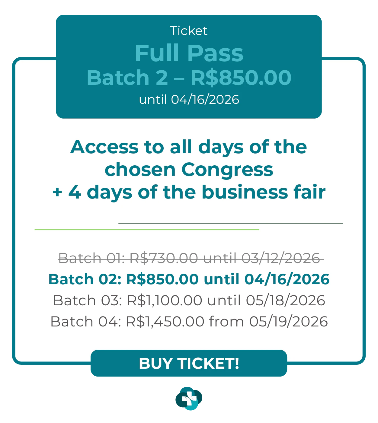 Card de ingresso 'Full Pass' para a Hospitalar 2026. Oferece acesso a todos os dias do congresso escolhido mais 4 dias de feira de negócios. Lote 1 por R$ 730,00 até 12/03/2026, com lotes subsequentes até R$ 1.450,00. Botão: Comprar Ingresso.