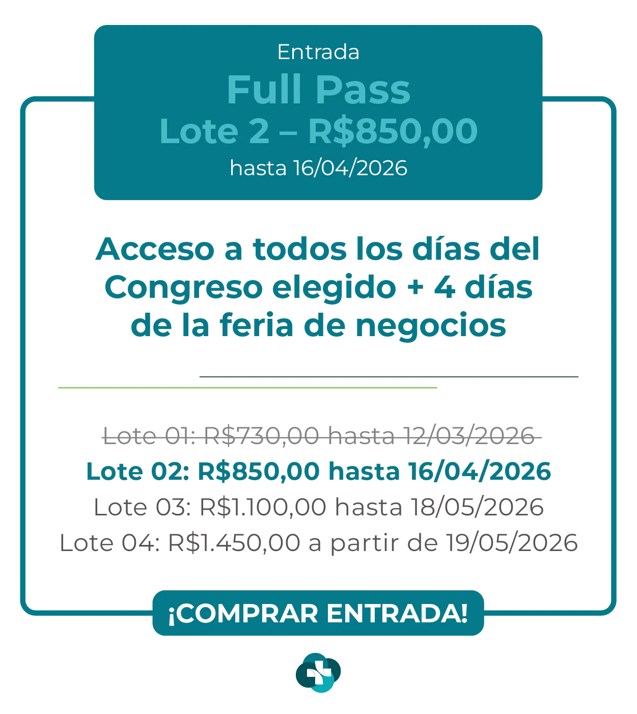 Card de ingresso 'Passaporte' para a Hospitalar 2026. Oferece acesso aos 9 congressos da Hospitalar mais 4 dias de feira de negócios. Lote 1 por R$ 2.850,00 até 12/03/2026, com lotes subsequentes até R$ 4.950,00. Botão: Comprar Ingresso.
