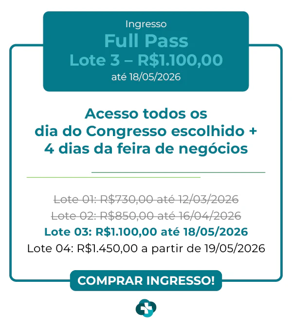 Card de ingresso 'Full Pass' para a Hospitalar 2026. Oferece acesso a todos os dias do congresso escolhido mais 4 dias de feira de negócios. Lote 1 por R$ 730,00 até 12/03/2026, com lotes subsequentes até R$ 1.450,00. Botão: Comprar Ingresso.