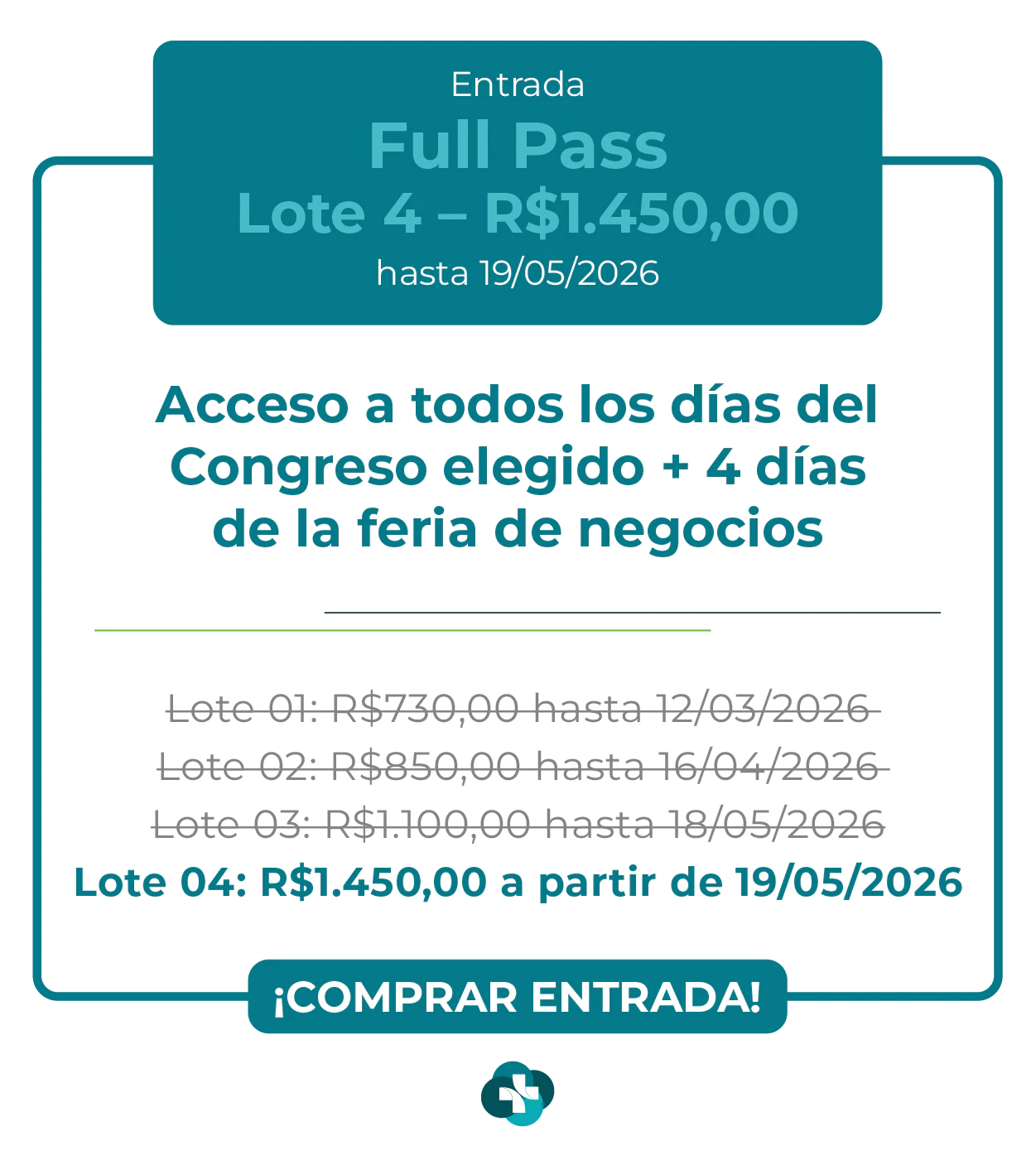 Card de ingresso 'Passaporte' para a Hospitalar 2026. Oferece acesso aos 9 congressos da Hospitalar mais 4 dias de feira de negócios. Lote 1 por R$ 2.850,00 até 12/03/2026, com lotes subsequentes até R$ 4.950,00. Botão: Comprar Ingresso.
