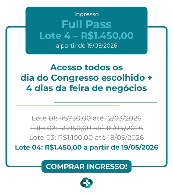Card de ingresso 'Full Pass' para a Hospitalar 2026. Oferece acesso a todos os dias do congresso escolhido mais 4 dias de feira de negócios. Lote 1 por R$ 730,00 até 12/03/2026, com lotes subsequentes até R$ 1.450,00. Botão: Comprar Ingresso.