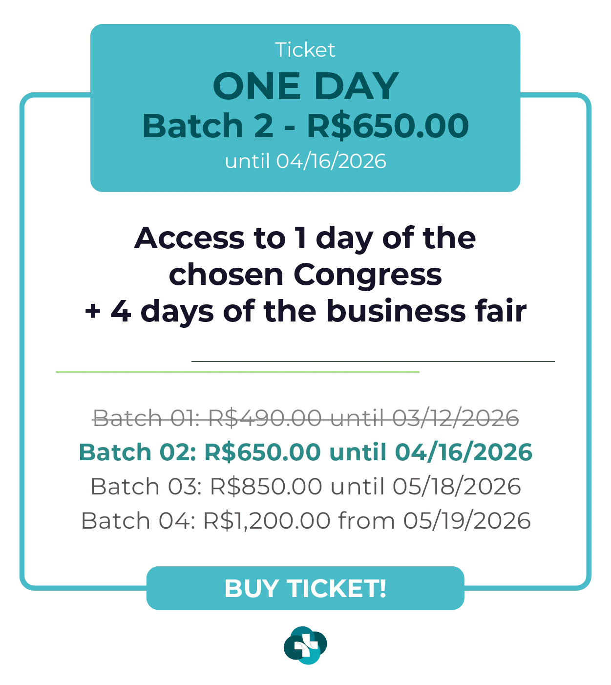 Card de ingresso 'One Day' para a Hospitalar 2026. Oferece acesso a 1 dia de congresso escolhido mais 4 dias de feira de negócios. Lote 1 por R$ 490,00 até 12/03/2026, com lotes subsequentes até R$ 1.200,00. Botão: Comprar Ingresso.