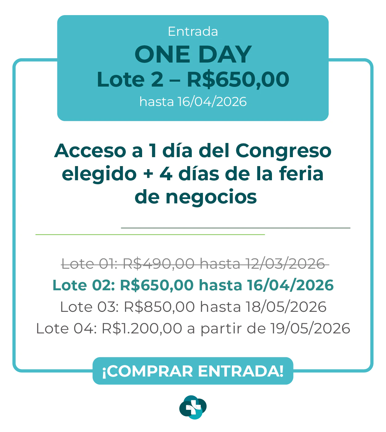 Card de ingresso 'One Day' para a Hospitalar 2026. Oferece acesso a 1 dia de congresso escolhido mais 4 dias de feira de negócios. Lote 1 por R$ 490,00 até 12/03/2026, com lotes subsequentes até R$ 1.200,00. Botão: Comprar Ingresso.