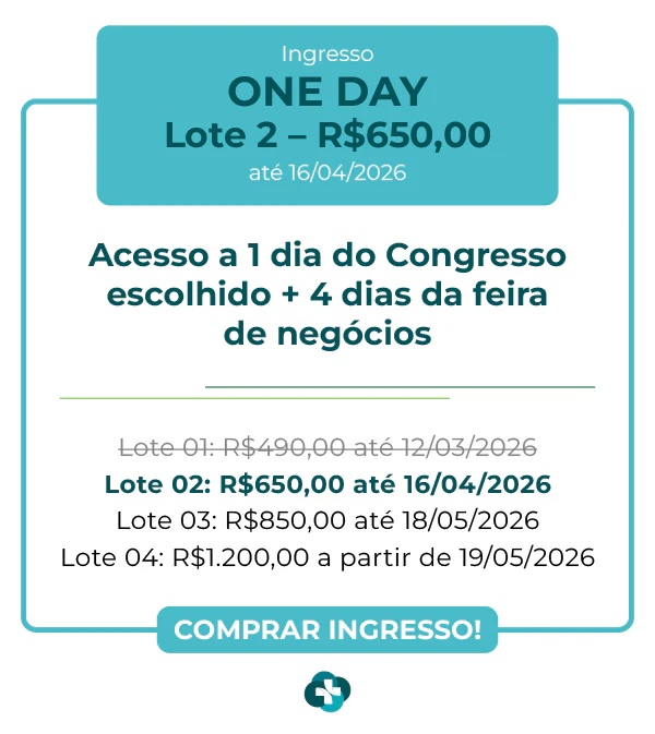 Card de ingresso 'One Day' para a Hospitalar 2026. Oferece acesso a 1 dia de congresso escolhido mais 4 dias de feira de negócios. Lote 1 por R$ 490,00 até 12/03/2026, com lotes subsequentes até R$ 1.200,00. Botão: Comprar Ingresso.