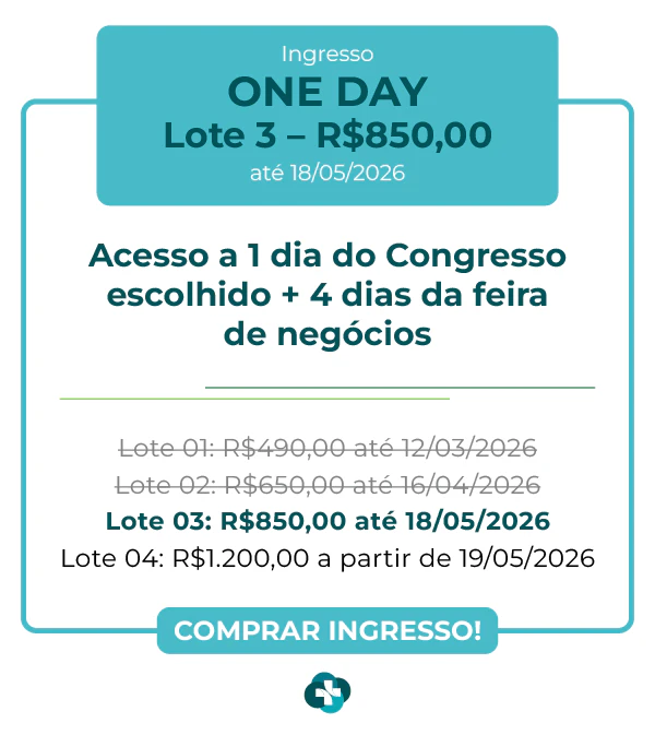 Card de ingresso 'One Day' para a Hospitalar 2026. Oferece acesso a 1 dia de congresso escolhido mais 4 dias de feira de negócios. Lote 1 por R$ 490,00 até 12/03/2026, com lotes subsequentes até R$ 1.200,00. Botão: Comprar Ingresso.