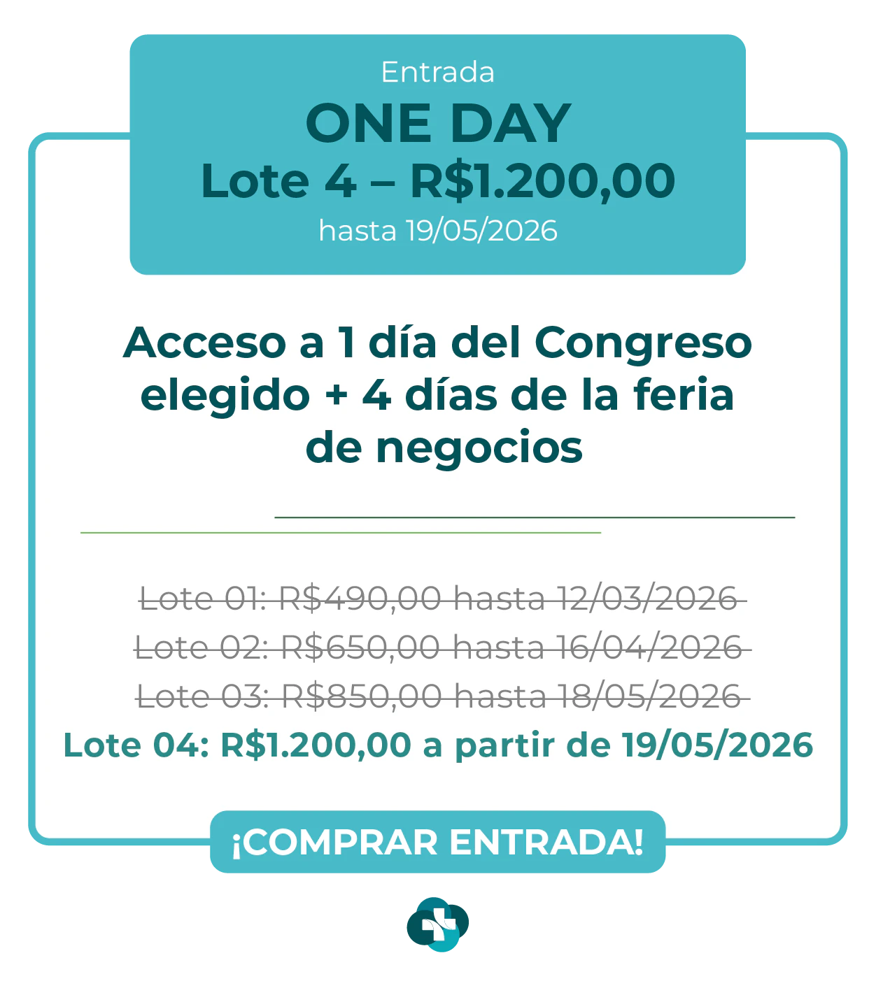 Card de ingresso 'One Day' para a Hospitalar 2026. Oferece acesso a 1 dia de congresso escolhido mais 4 dias de feira de negócios. Lote 1 por R$ 490,00 até 12/03/2026, com lotes subsequentes até R$ 1.200,00. Botão: Comprar Ingresso.