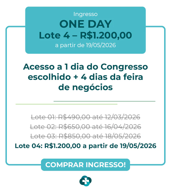 Card de ingresso 'One Day' para a Hospitalar 2026. Oferece acesso a 1 dia de congresso escolhido mais 4 dias de feira de negócios. Lote 1 por R$ 490,00 até 12/03/2026, com lotes subsequentes até R$ 1.200,00. Botão: Comprar Ingresso.