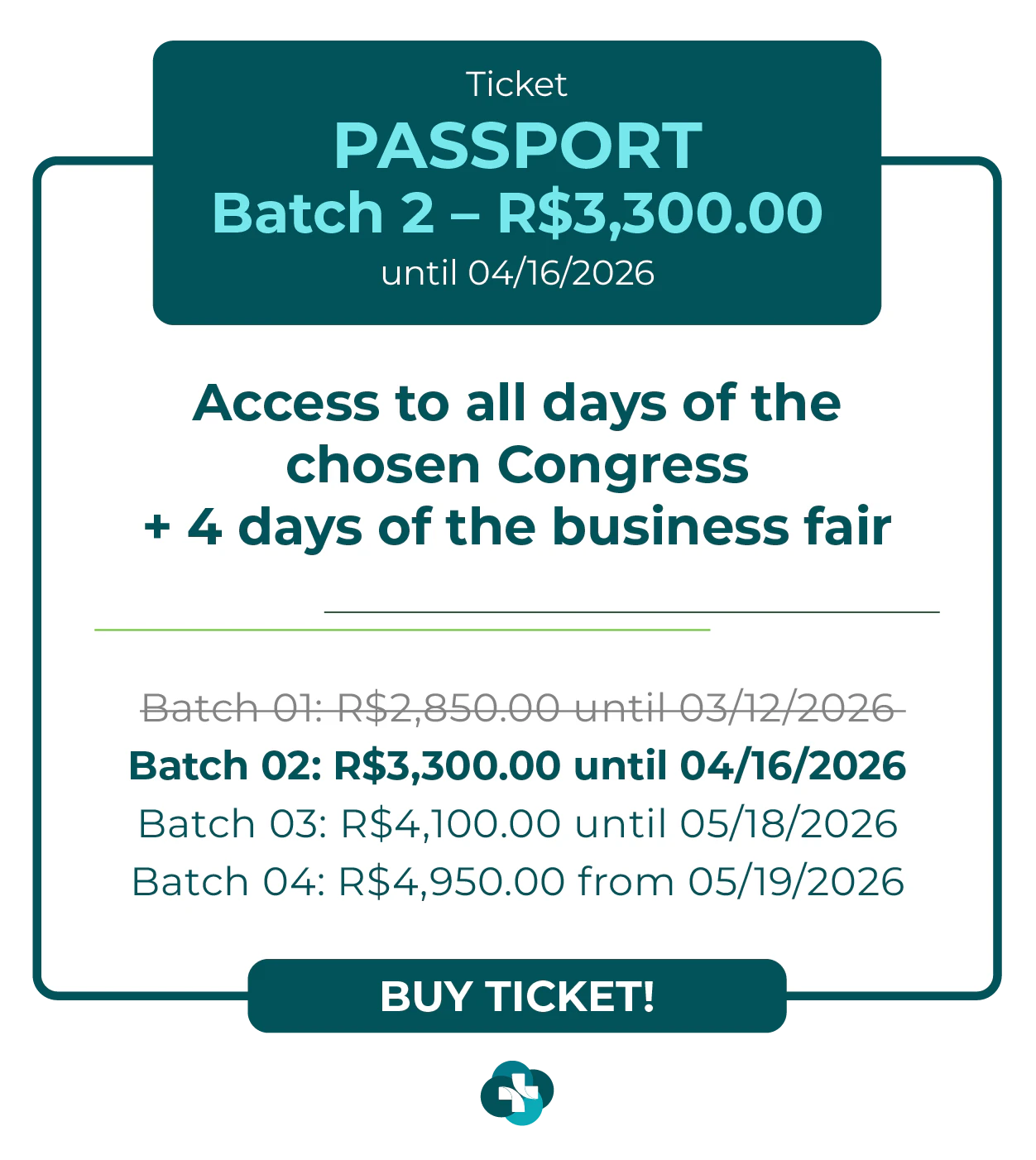 Card de ingresso 'Passaporte' para a Hospitalar 2026. Oferece acesso aos 9 congressos da Hospitalar mais 4 dias de feira de negócios. Lote 1 por R$ 2.850,00 até 12/03/2026, com lotes subsequentes até R$ 4.950,00. Botão: Comprar Ingresso.