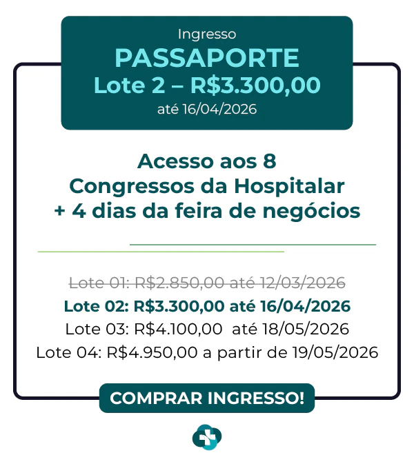 Card de ingresso 'Passaporte' para a Hospitalar 2026. Oferece acesso aos 9 congressos da Hospitalar mais 4 dias de feira de negócios. Lote 1 por R$ 2.850,00 até 12/03/2026, com lotes subsequentes até R$ 4.950,00. Botão: Comprar Ingresso.
