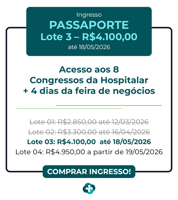 Card de ingresso 'Passaporte' para a Hospitalar 2026. Oferece acesso aos 9 congressos da Hospitalar mais 4 dias de feira de negócios. Lote 1 por R$ 2.850,00 até 12/03/2026, com lotes subsequentes até R$ 4.950,00. Botão: Comprar Ingresso.