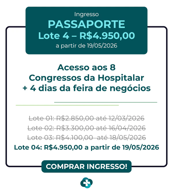 Card de ingresso 'Passaporte' para a Hospitalar 2026. Oferece acesso aos 9 congressos da Hospitalar mais 4 dias de feira de negócios. Lote 1 por R$ 2.850,00 até 12/03/2026, com lotes subsequentes até R$ 4.950,00. Botão: Comprar Ingresso.
