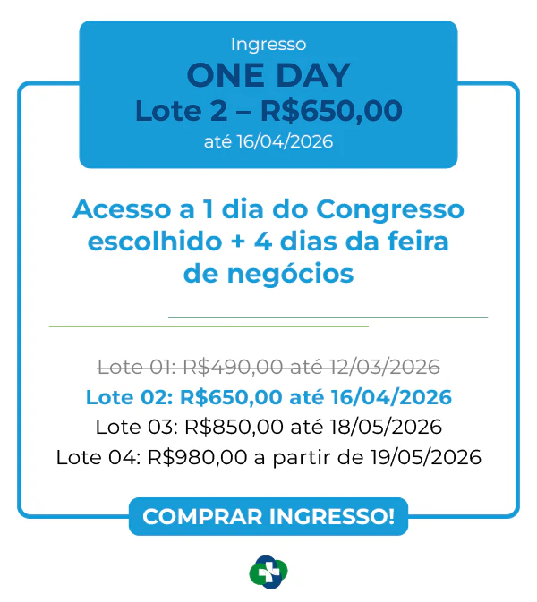 Card de ingresso 'One Day' para o CBECLIN Hospitalar 2026. Cabeçalho azul destaca Lote 1 por R$ 490,00 até 12/03/2026. Inclui acesso a 1 dia do congresso escolhido e 4 dias de feira de negócios.
