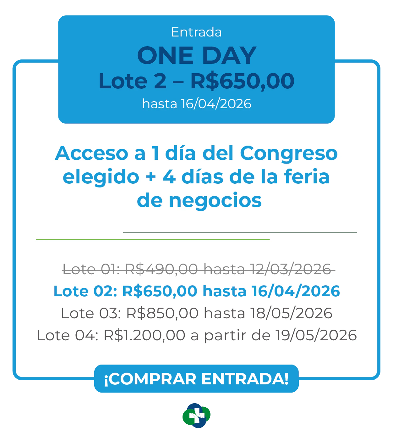 Card de ingresso 'One Day' para a Hospitalar 2026. Oferece acesso a 1 dia de congresso escolhido mais 4 dias de feira de negócios. Lote 1 por R$ 490,00 até 12/03/2026, com lotes subsequentes até R$ 1.200,00. Botão: Comprar Ingresso.