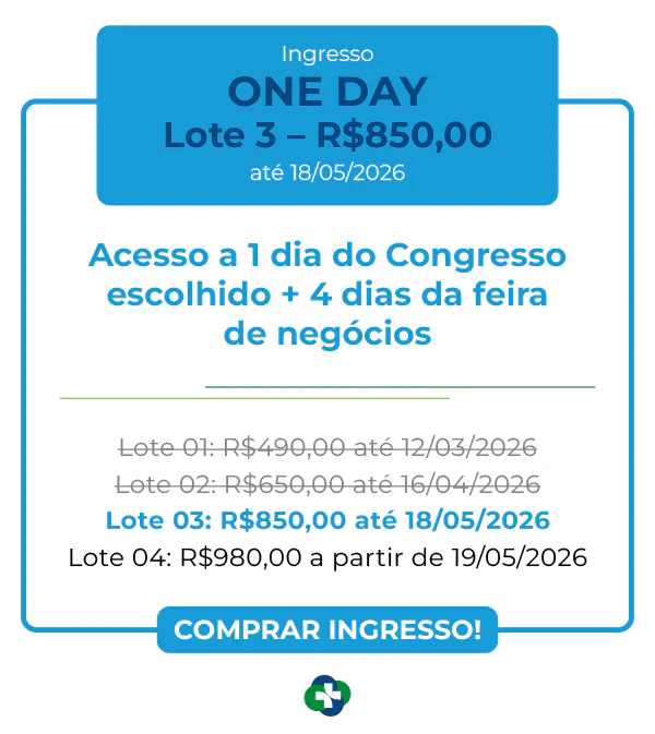 Card de ingresso 'One Day' para o CBECLIN Hospitalar 2026. Cabeçalho azul destaca Lote 1 por R$ 490,00 até 12/03/2026. Inclui acesso a 1 dia do congresso escolhido e 4 dias de feira de negócios.