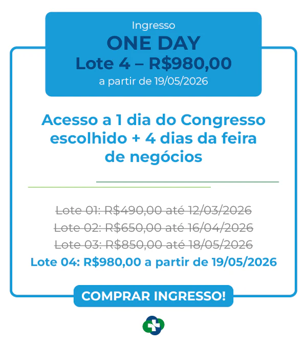 Card de ingresso 'One Day' para o CBECLIN Hospitalar 2026. Cabeçalho azul destaca Lote 1 por R$ 490,00 até 12/03/2026. Inclui acesso a 1 dia do congresso escolhido e 4 dias de feira de negócios.