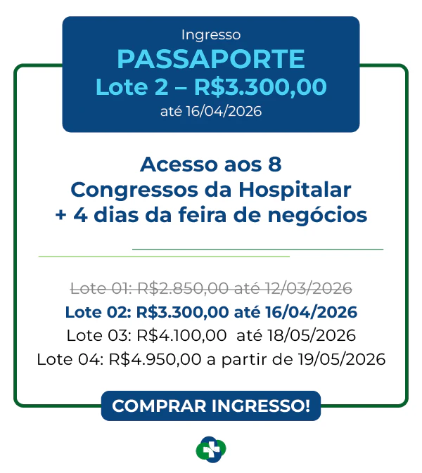 Card de ingresso 'Passaporte' para o CBECLIN Hospitalar 2026. Design com cabeçalho azul marinho informando Lote 1 por R$ 2.850,00 válido até 12/03/2026. Dá direito aos 9 congressos e 4 dias de feira.
