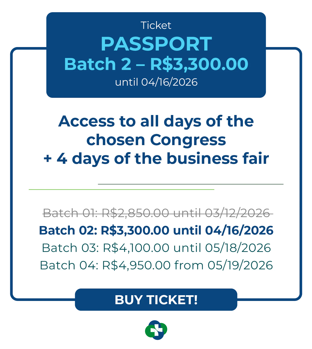 Card de ingresso 'Passaporte' para a Hospitalar 2026. Oferece acesso aos 9 congressos da Hospitalar mais 4 dias de feira de negócios. Lote 1 por R$ 2.850,00 até 12/03/2026, com lotes subsequentes até R$ 4.950,00. Botão: Comprar Ingresso.