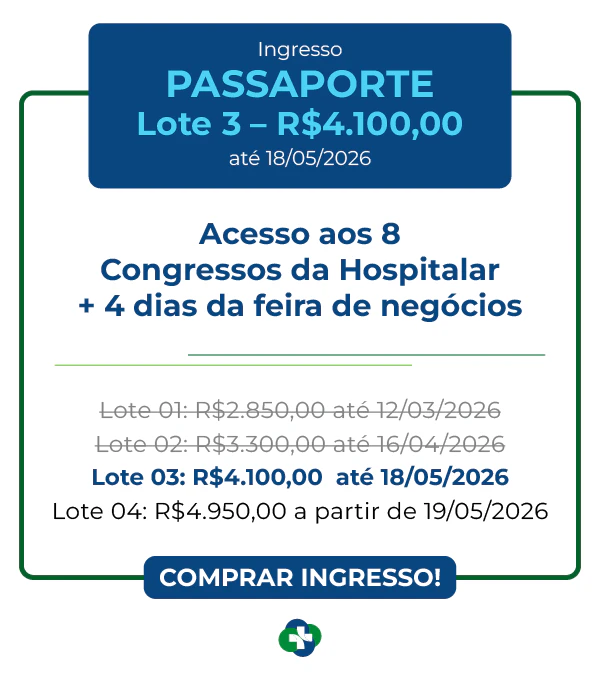 Card de ingresso 'Passaporte' para o CBECLIN Hospitalar 2026. Design com cabeçalho azul marinho informando Lote 1 por R$ 2.850,00 válido até 12/03/2026. Dá direito aos 9 congressos e 4 dias de feira.