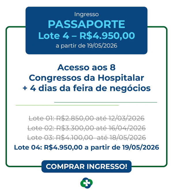 Card de ingresso 'Passaporte' para o CBECLIN Hospitalar 2026. Design com cabeçalho azul marinho informando Lote 1 por R$ 2.850,00 válido até 12/03/2026. Dá direito aos 9 congressos e 4 dias de feira.