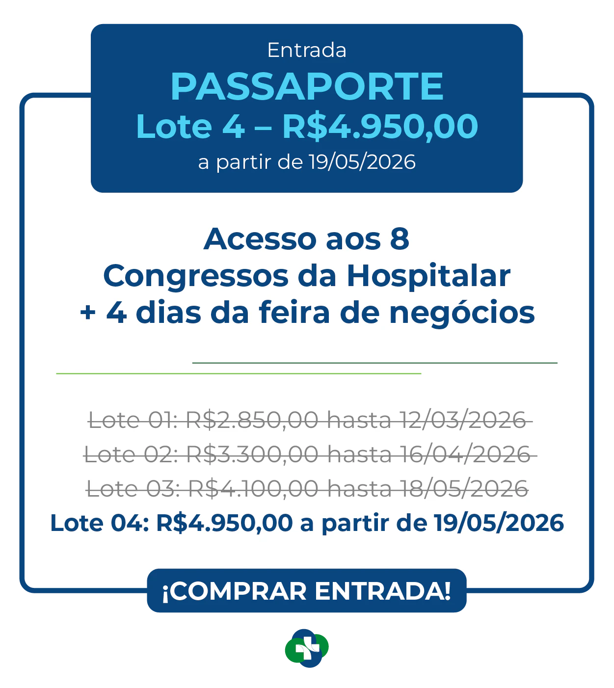 Card de ingresso 'Passaporte' para a Hospitalar 2026. Oferece acesso aos 9 congressos da Hospitalar mais 4 dias de feira de negócios. Lote 1 por R$ 2.850,00 até 12/03/2026, com lotes subsequentes até R$ 4.950,00. Botão: Comprar Ingresso.