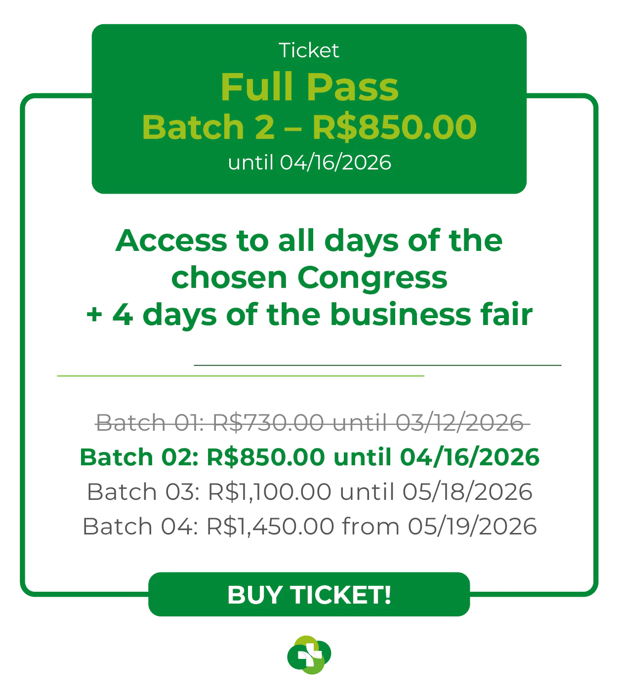 Card de ingresso 'Full Pass' para a Hospitalar 2026. Oferece acesso a todos os dias do congresso escolhido mais 4 dias de feira de negócios. Lote 1 por R$ 730,00 até 12/03/2026, com lotes subsequentes até R$ 1.450,00. Botão: Comprar Ingresso.
