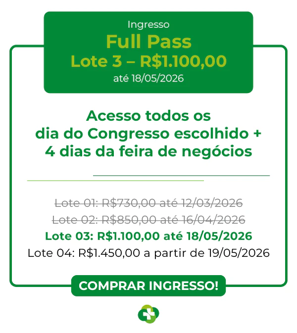 Tabela de preços dos ingressos para o Congresso Hospitalar 2026. Full Pass (R$ 850)