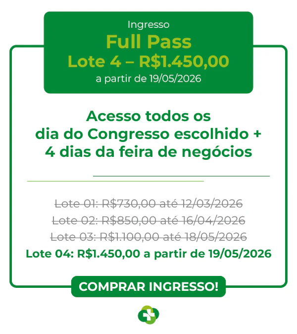 Tabela de preços dos ingressos para o Congresso Hospitalar 2026. Full Pass (R$ 850)