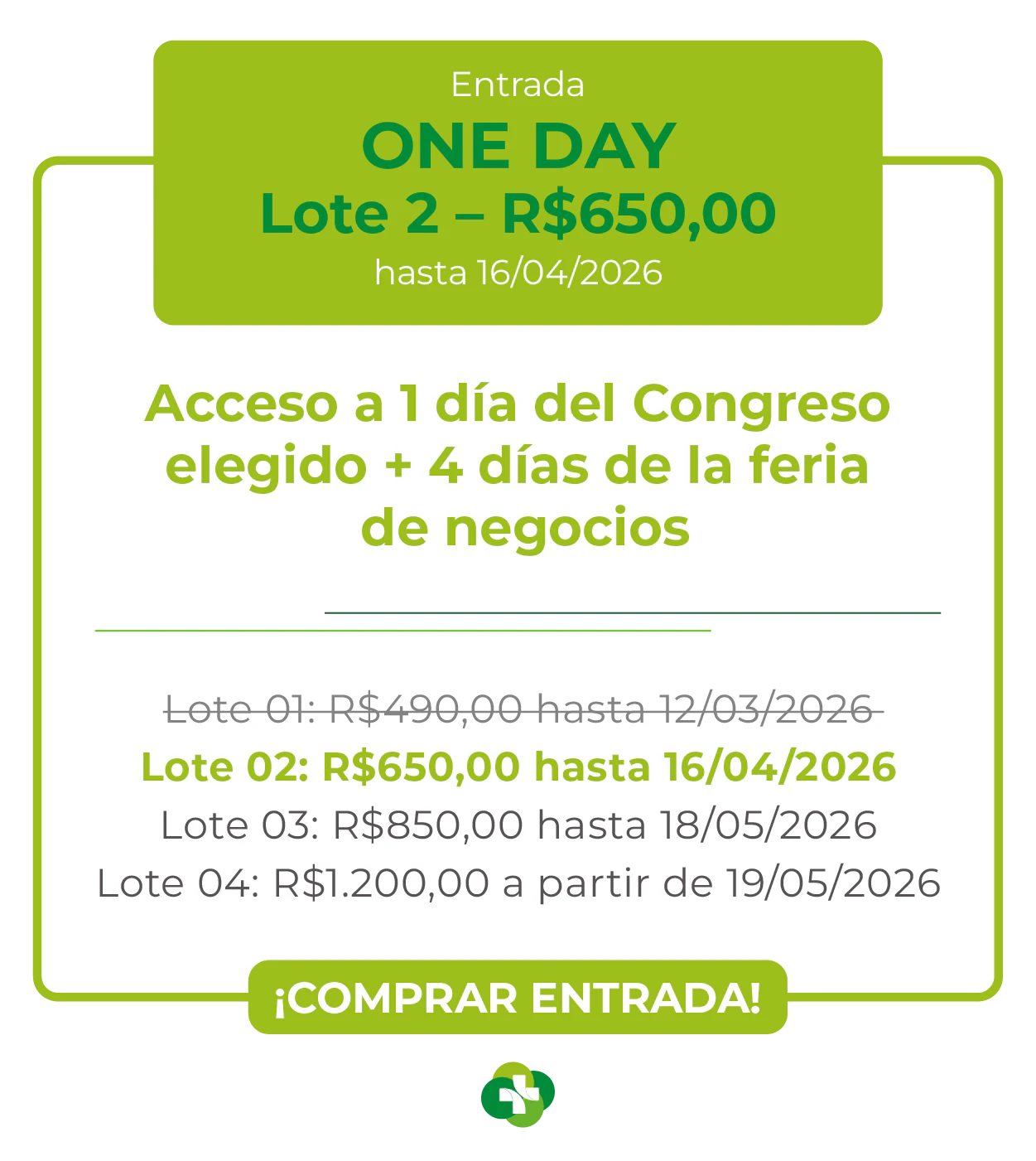 Card de ingresso 'One Day' para a Hospitalar 2026. Oferece acesso a 1 dia de congresso escolhido mais 4 dias de feira de negócios. Lote 1 por R$ 490,00 até 12/03/2026, com lotes subsequentes até R$ 1.200,00. Botão: Comprar Ingresso.
