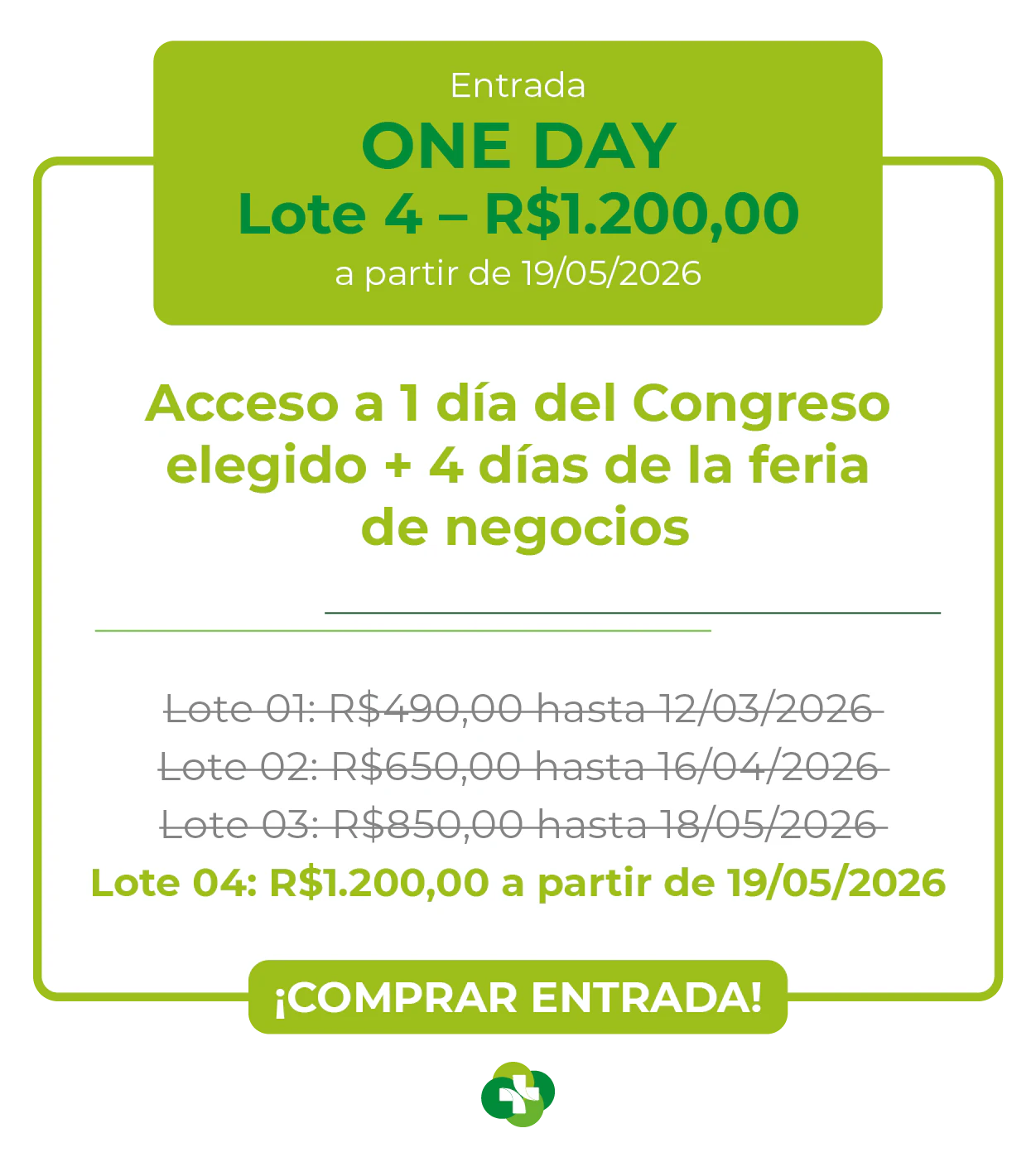 Tabela de preços One Day para o Congresso Hospitalar 2026. Lote 03 por R$ 850,00 até 18/05/2026. Inclui acesso a 1 dia de congresso escolhido e 4 dias de feira de negócios. Botão ¡Comprar Entrada!.