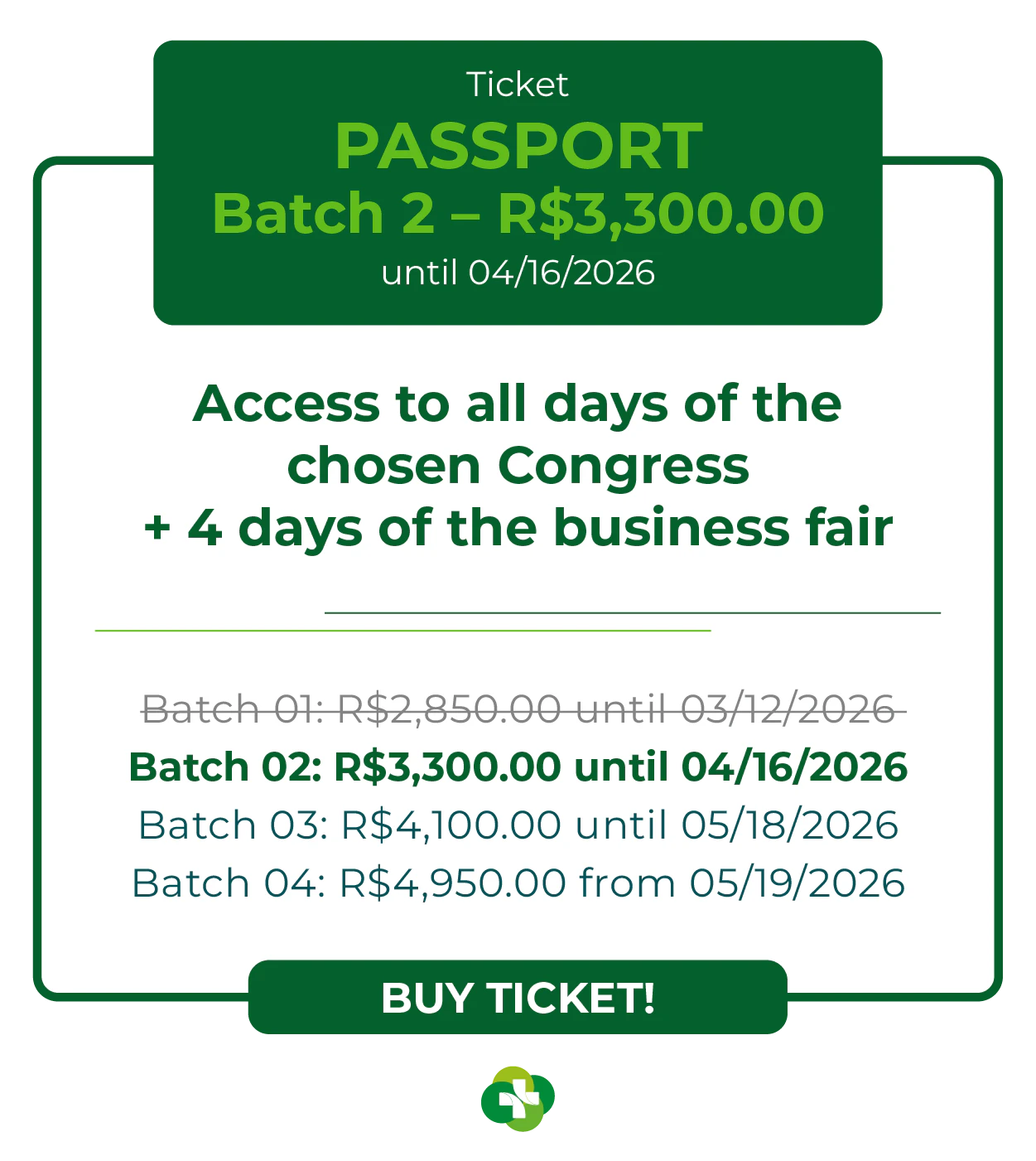 Card de ingresso 'Passaporte' para a Hospitalar 2026. Oferece acesso aos 9 congressos da Hospitalar mais 4 dias de feira de negócios. Lote 1 por R$ 2.850,00 até 12/03/2026, com lotes subsequentes até R$ 4.950,00. Botão: Comprar Ingresso.