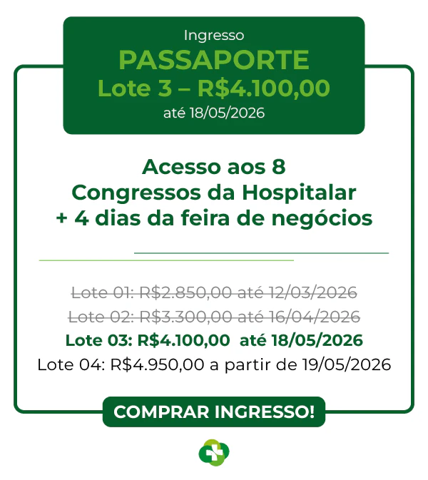Tabela de preços dos ingressos para o Congresso Hospitalar 2026. Passaporte para os 8 congressos (R$ 3.300)