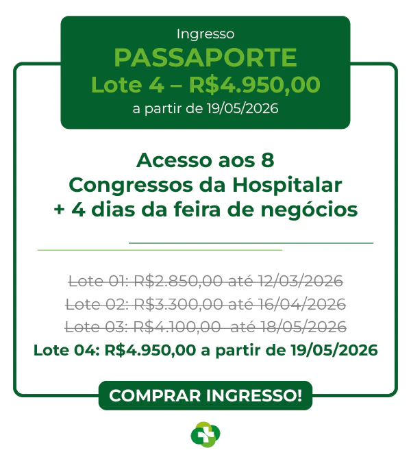 Tabela de preços dos ingressos para o Congresso Hospitalar 2026. Passaporte para os 8 congressos (R$ 3.300)
