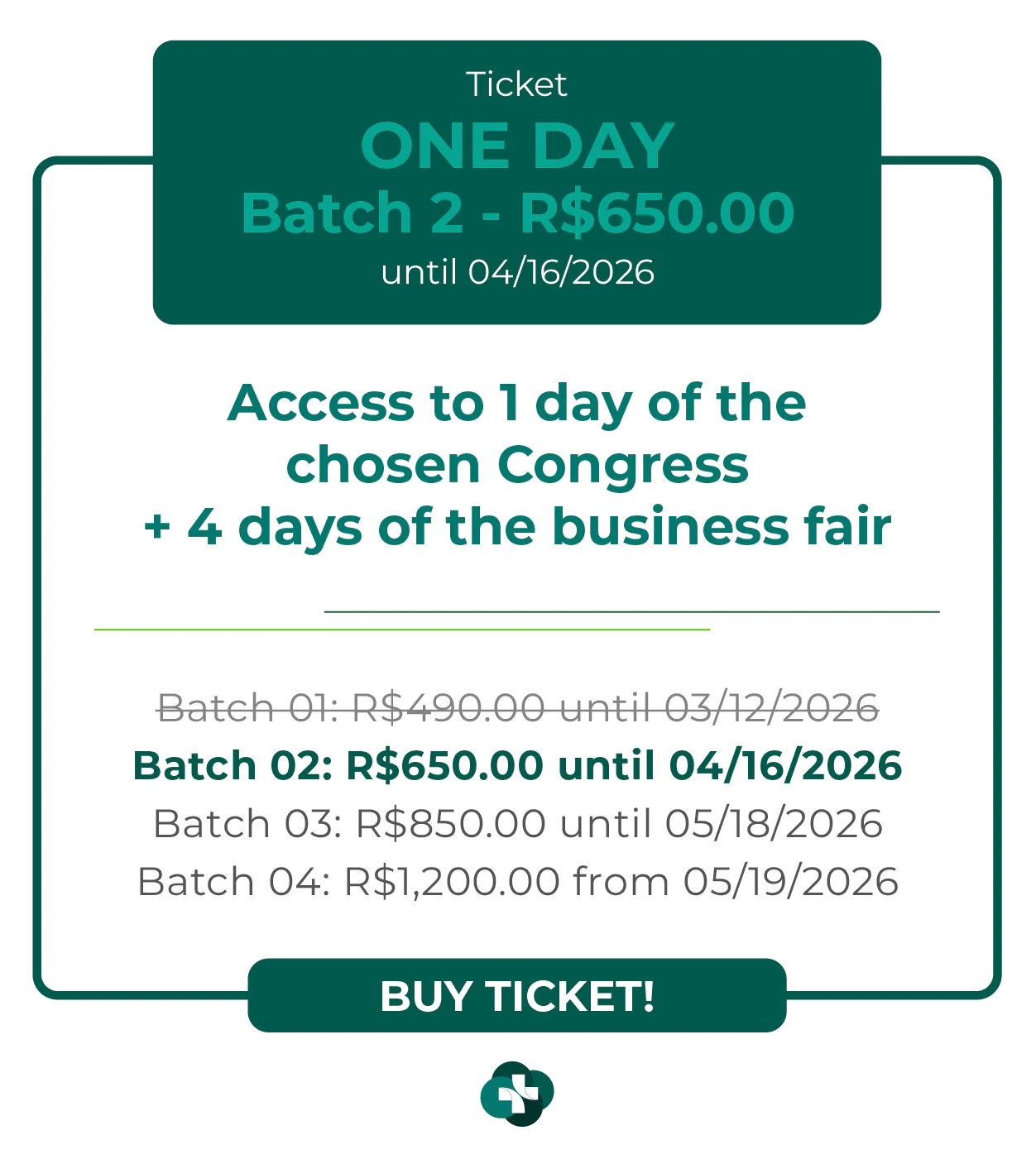 Card de ingresso 'One Day' para a Hospitalar 2026. Oferece acesso a 1 dia de congresso escolhido mais 4 dias de feira de negócios. Lote 1 por R$ 490,00 até 12/03/2026, com lotes subsequentes até R$ 1.200,00. Botão: Comprar Ingresso.