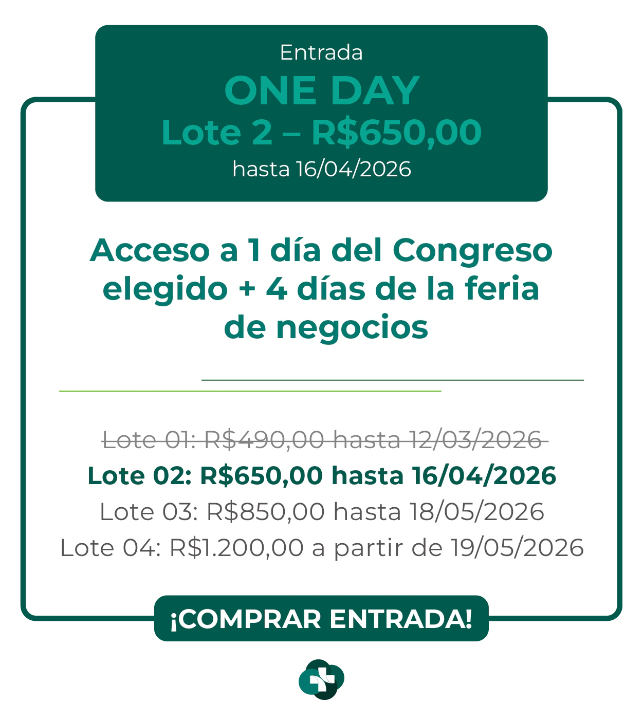 Card de ingresso 'One Day' para a Hospitalar 2026. Oferece acesso a 1 dia de congresso escolhido mais 4 dias de feira de negócios. Lote 1 por R$ 490,00 até 12/03/2026, com lotes subsequentes até R$ 1.200,00. Botão: Comprar Ingresso.