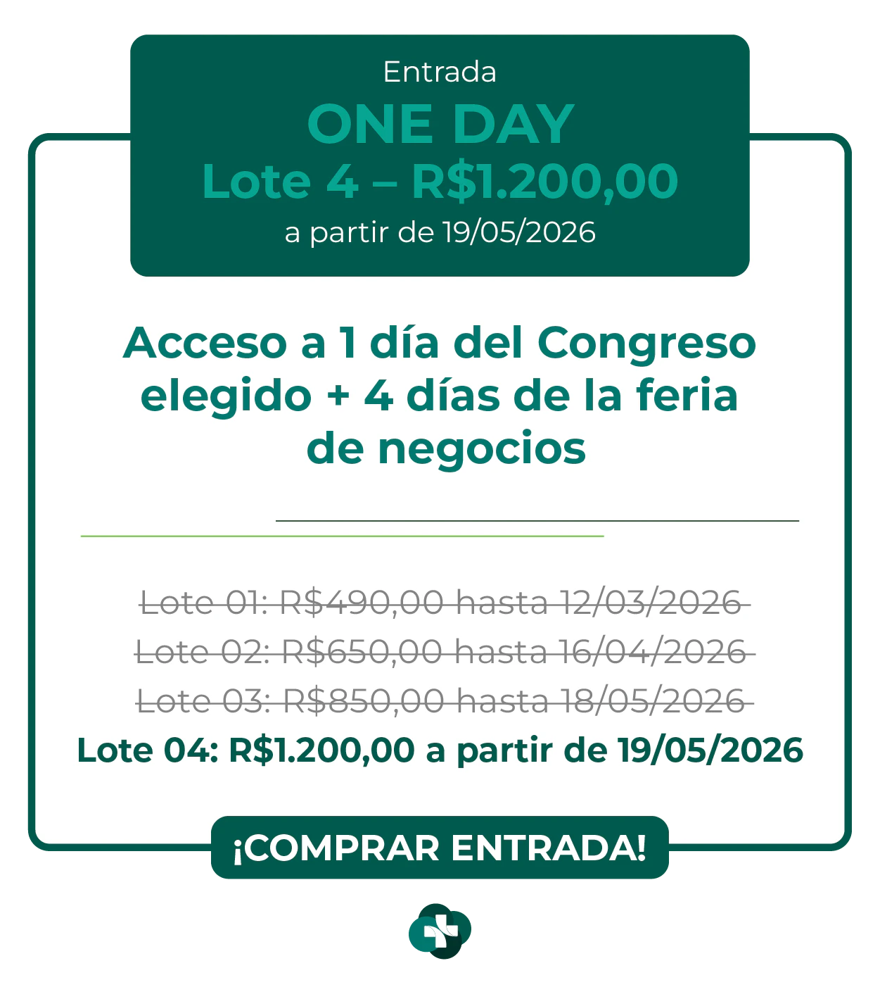 Card de ingresso 'One Day' para a Hospitalar 2026. Oferece acesso a 1 dia de congresso escolhido mais 4 dias de feira de negócios. Lote 1 por R$ 490,00 até 12/03/2026, com lotes subsequentes até R$ 1.200,00. Botão: Comprar Ingresso.