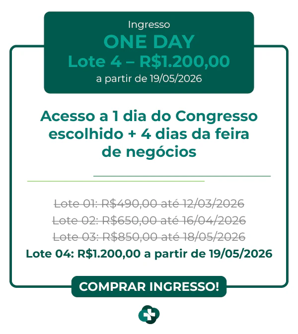 Preço do ingresso One Day Hospitalar 2026: R$ 650,00 no Lote 2, válido até 16/04/2026. Inclui acesso a 1 dia de congresso e 4 dias de feira de negócios.