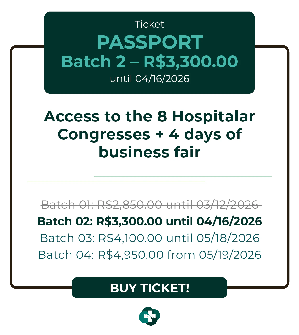 Card de ingresso 'Passaporte' para a Hospitalar 2026. Oferece acesso aos 9 congressos da Hospitalar mais 4 dias de feira de negócios. Lote 1 por R$ 2.850,00 até 12/03/2026, com lotes subsequentes até R$ 4.950,00. Botão: Comprar Ingresso.