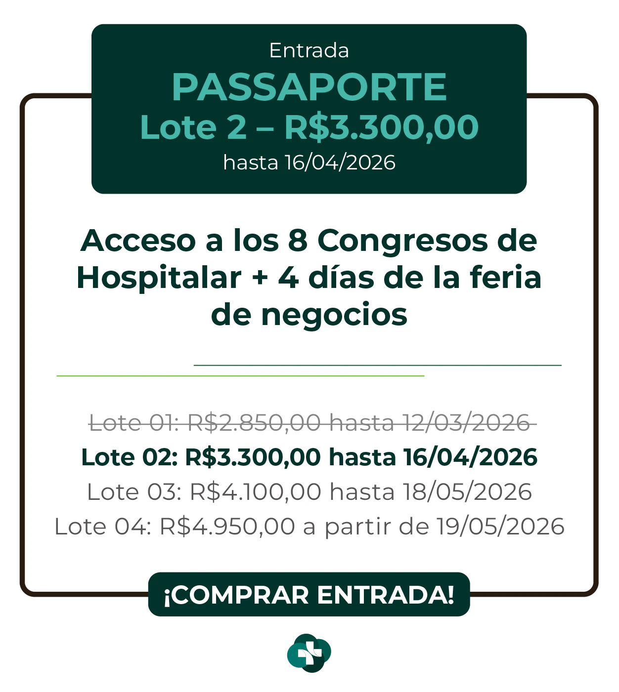 Card de ingresso 'Passaporte' para a Hospitalar 2026. Oferece acesso aos 9 congressos da Hospitalar mais 4 dias de feira de negócios. Lote 1 por R$ 2.850,00 até 12/03/2026, com lotes subsequentes até R$ 4.950,00. Botão: Comprar Ingresso.